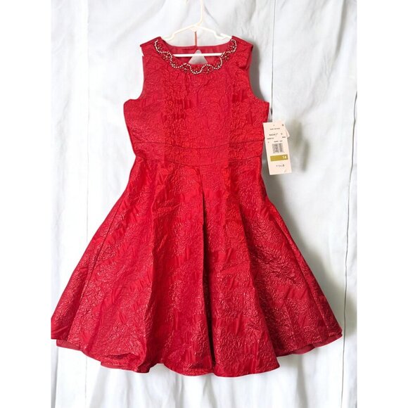 Rare Editions Big Girls Sleeveless Brocade with Jeweled Neckline Social Red Dres - Picture 1 of 13
